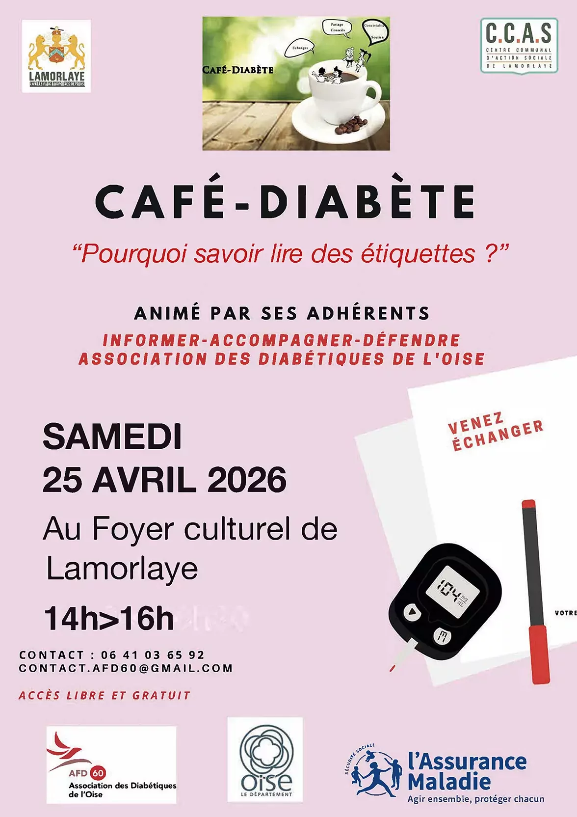 café diabète du 25 avril. Foyer culturel de Lamorlaye. De 14h à 16h